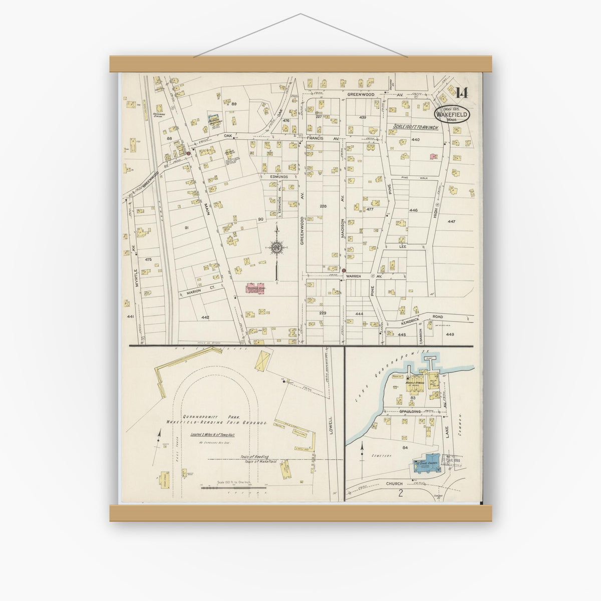 Old map wall art mockup — magnetic wood frame on white wall — Sanborn Fire Insurance Map from Wakefield, Middlesex County, Massachusetts (1915), Sheet #0014