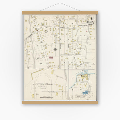Old map wall art mockup — magnetic wood frame on white wall — Sanborn Fire Insurance Map from Wakefield, Middlesex County, Massachusetts (1915), Sheet #0014