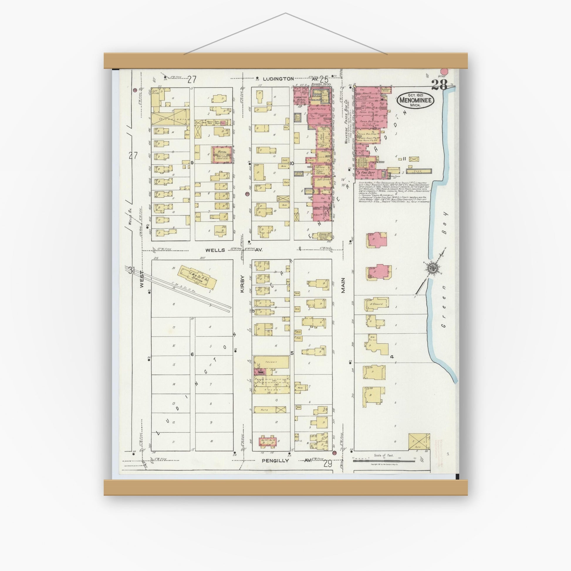 Old map wall art mockup — magnetic wood frame on white wall — Sanborn Fire Insurance Map from Menominee, Menominee County, Michigan (1921), Sheet #0028