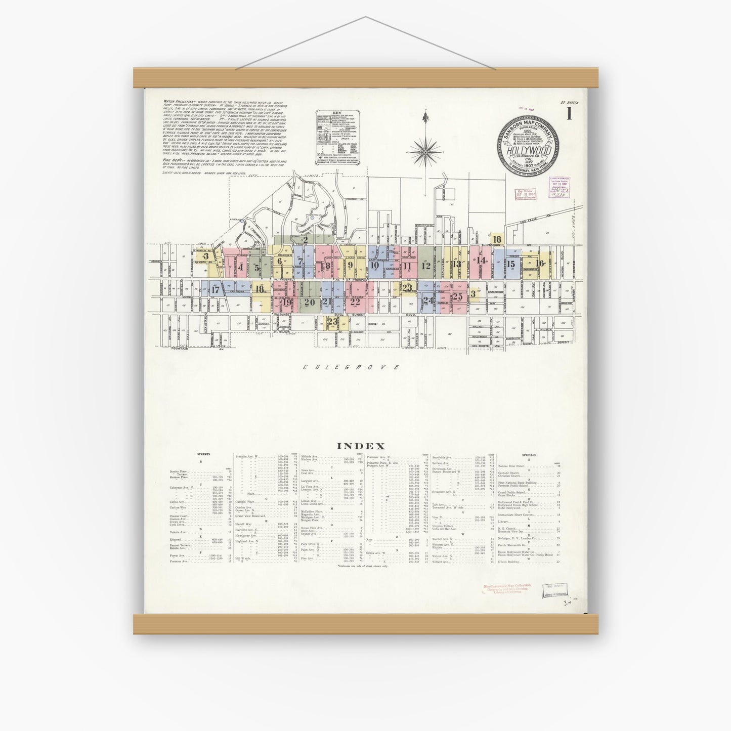 Old map wall art mockup — magnetic wood frame on white wall — Sanborn Fire Insurance Map from Hollywood, Los Angeles County, California (1907) - Complete Map Set