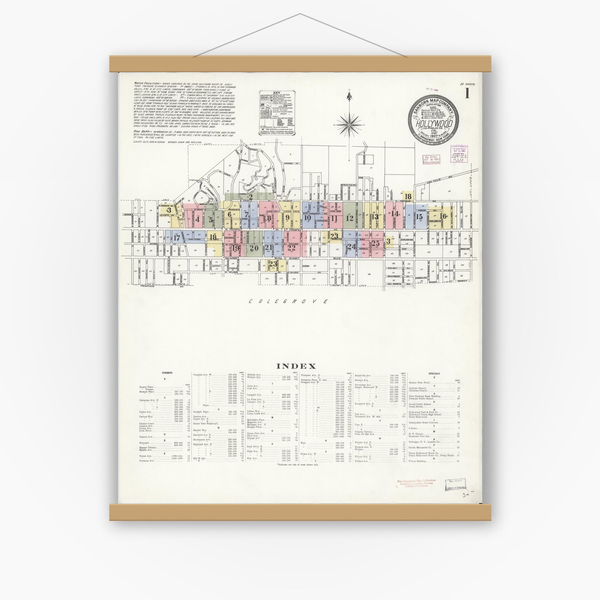 Old map wall art mockup — magnetic wood frame on white wall — Sanborn Fire Insurance Map from Hollywood, Los Angeles County, California (1907) - Complete Map Set