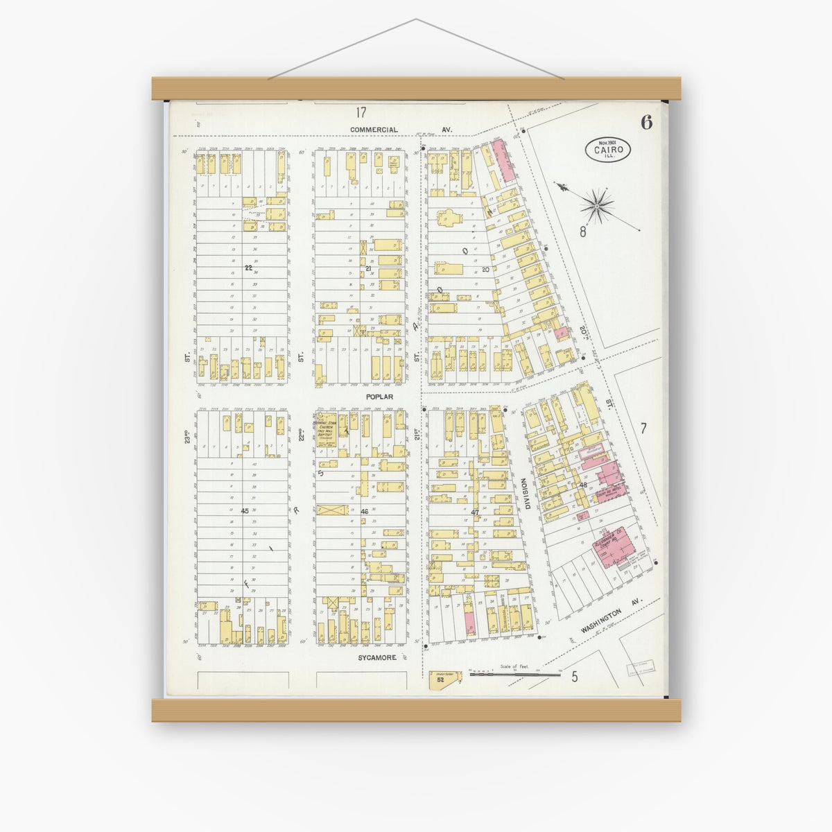 Old map wall art mockup — magnetic wood frame on white wall — Sanborn Fire Insurance Map from Cairo, Alexander County, Illinois (1901), Sheet #0006