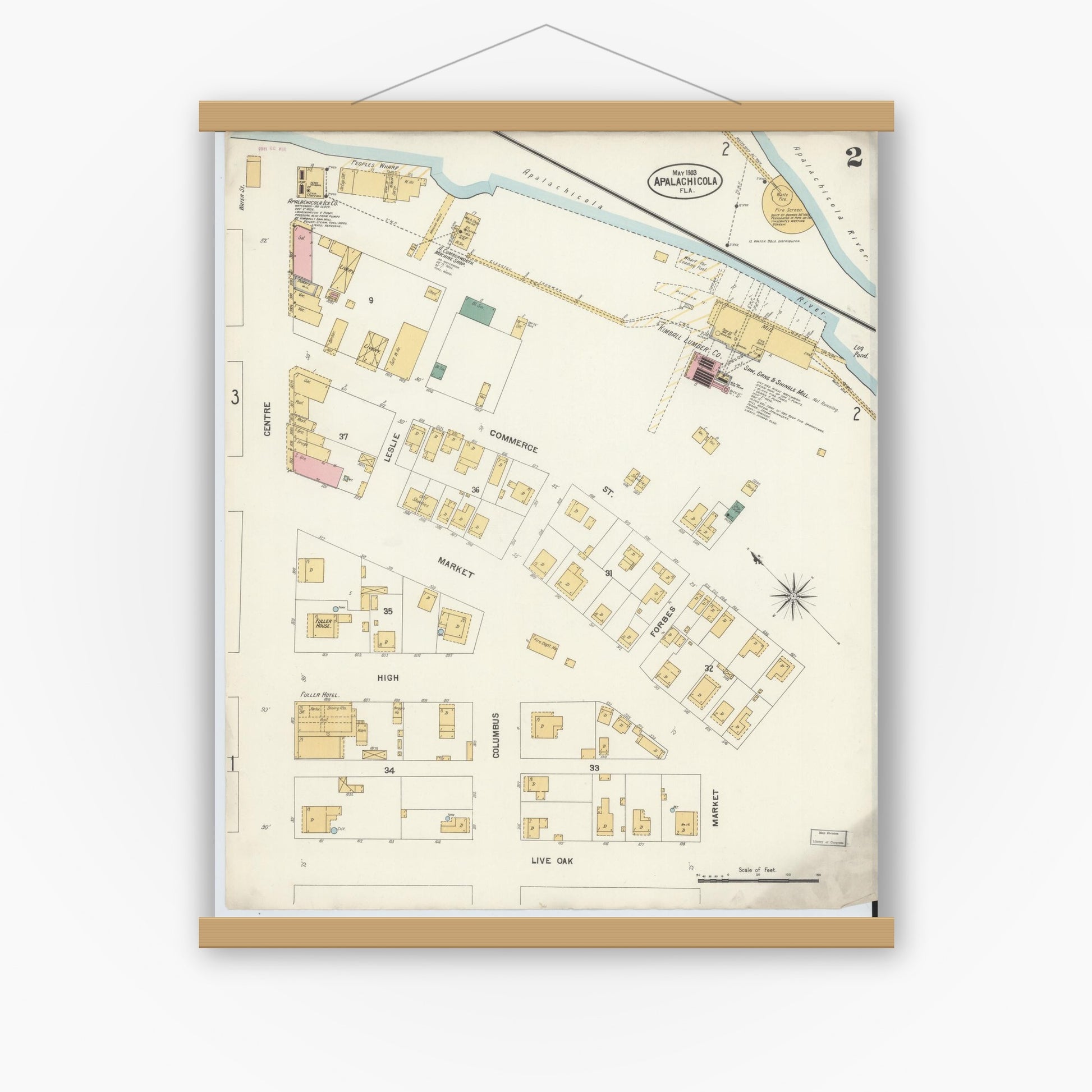 Old map wall art mockup — magnetic wood frame on white wall — Sanborn Fire Insurance Map from Apalachicola, Franklin County, Florida (1903), Sheet #0002
