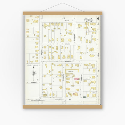 Old map wall art mockup — magnetic wood frame on white wall — Sanborn Fire Insurance Map from Gainesville, Cooke County, Texas (1902), Sheet #0004