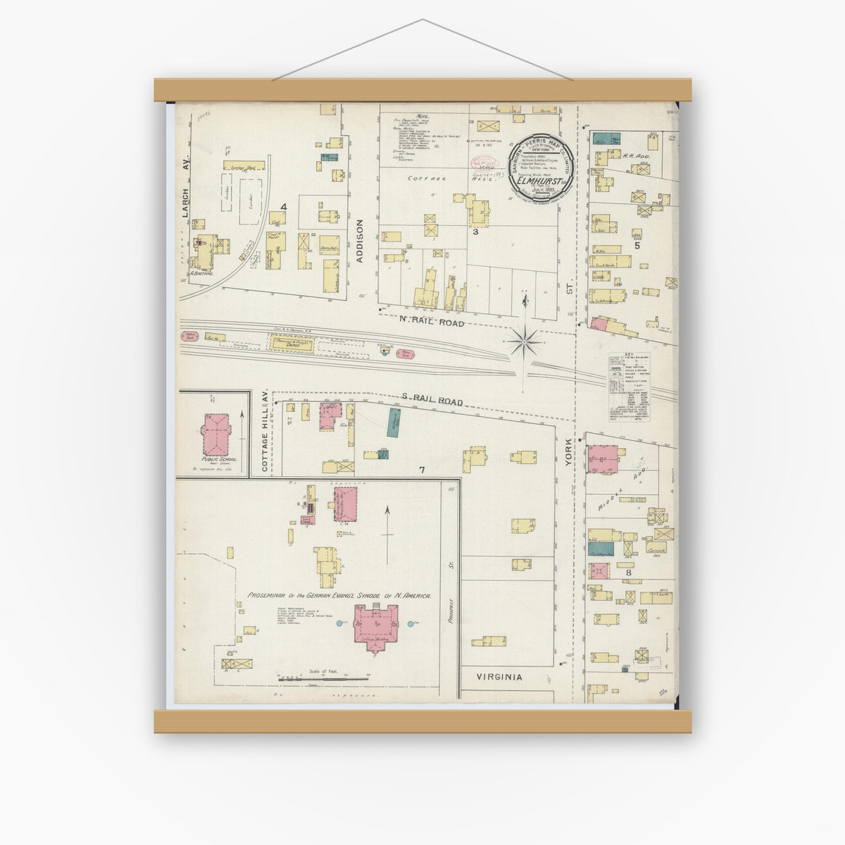 Old map wall art mockup — magnetic wood frame on white wall — Sanborn Fire Insurance Map from Elmhurst, Du Page County, Illinois (1893), Sheet #0001