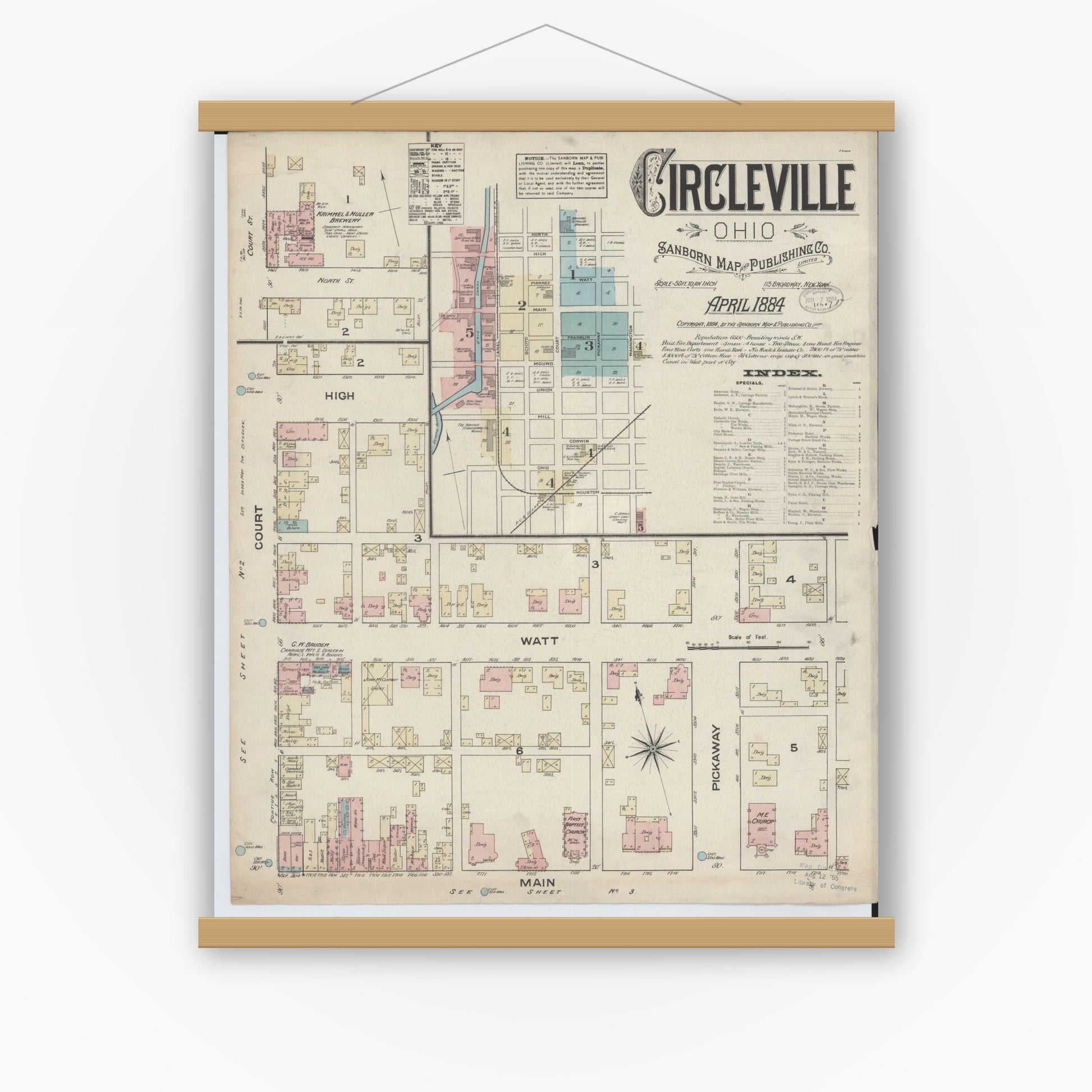 Old map wall art mockup — magnetic wood frame on white wall — Sanborn Fire Insurance Map from Circleville, Pickaway County, Ohio (1884) - Complete Map Set