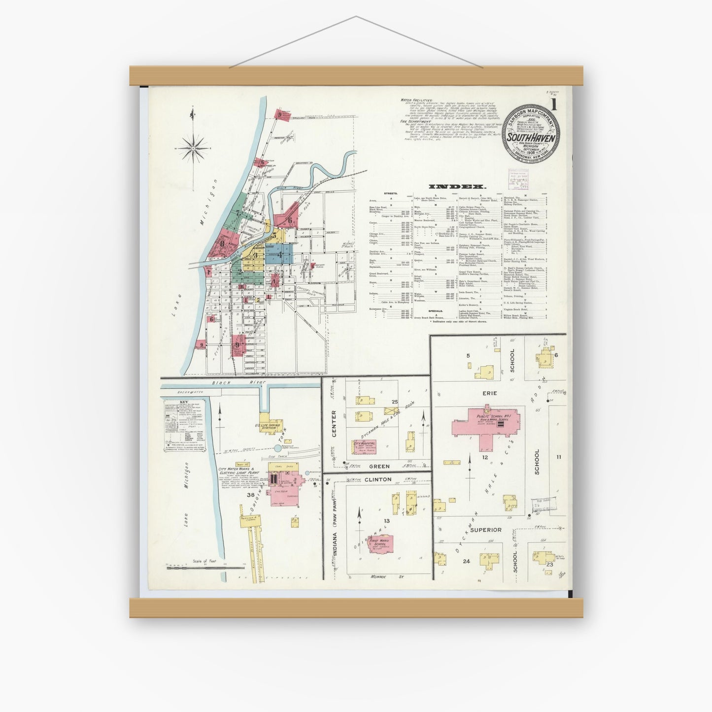 Old map wall art mockup — magnetic wood frame on white wall — Sanborn Fire Insurance Map from South Haven, Van Buren County, Michigan (1908), Sheet #0001