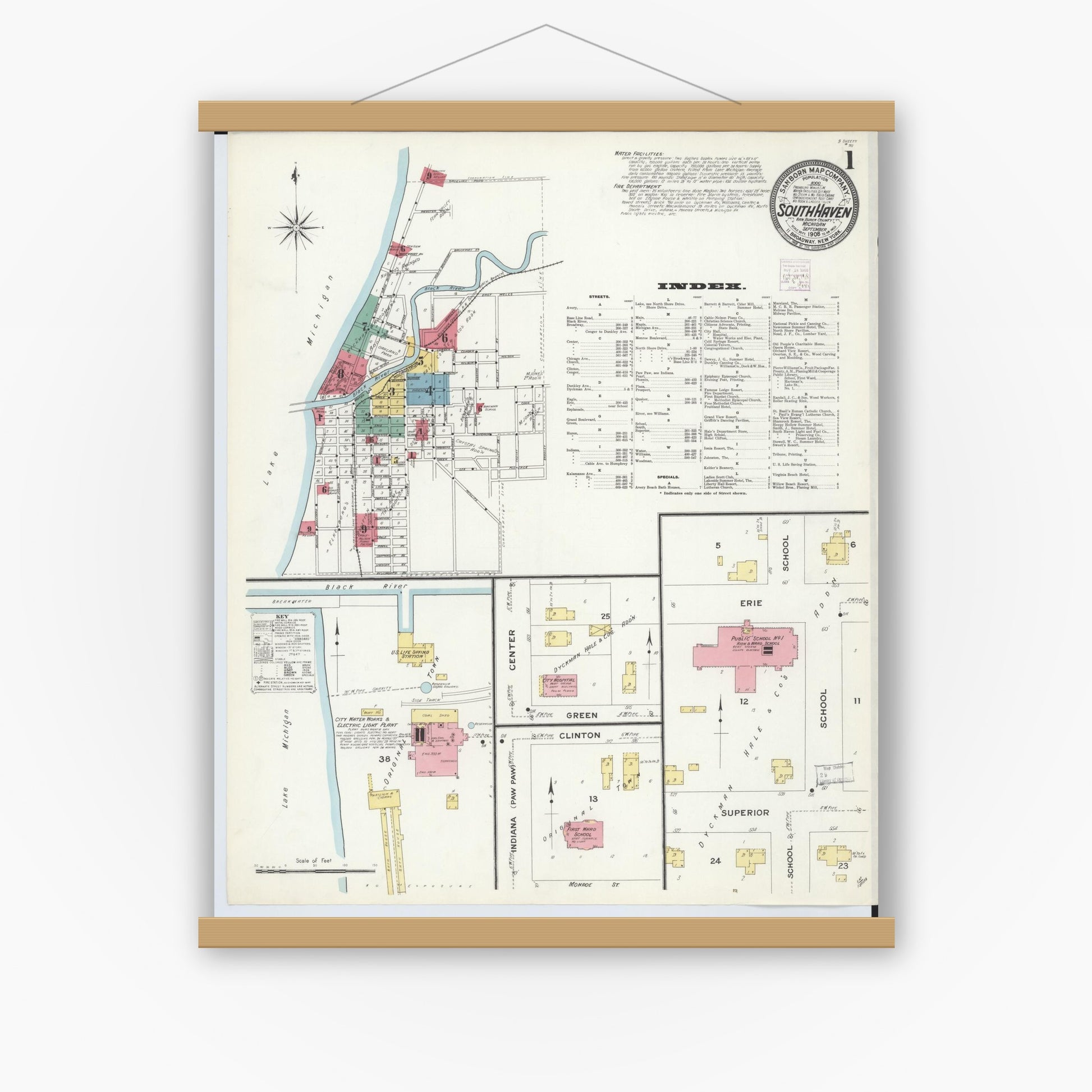 Old map wall art mockup — magnetic wood frame on white wall — Sanborn Fire Insurance Map from South Haven, Van Buren County, Michigan (1908), Sheet #0001