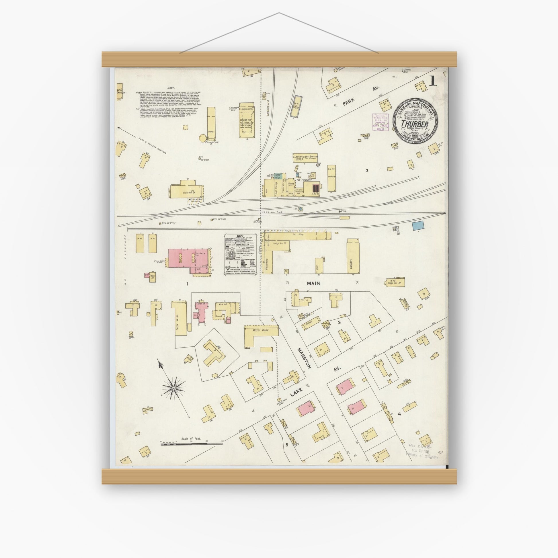 Old map wall art mockup — magnetic wood frame on white wall — Sanborn Fire Insurance Map from Thurber, Erath County, Texas (1905), Sheet #0001