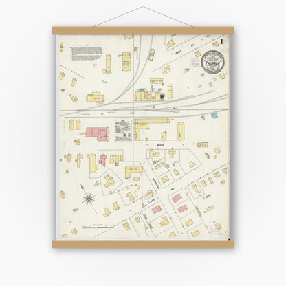 Old map wall art mockup — magnetic wood frame on white wall — Sanborn Fire Insurance Map from Thurber, Erath County, Texas (1905), Sheet #0001