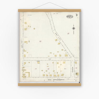 Old map wall art mockup — magnetic wood frame on white wall — Sanborn Fire Insurance Map from Mansfield, Tarrant County, Texas (1933), Sheet #0003