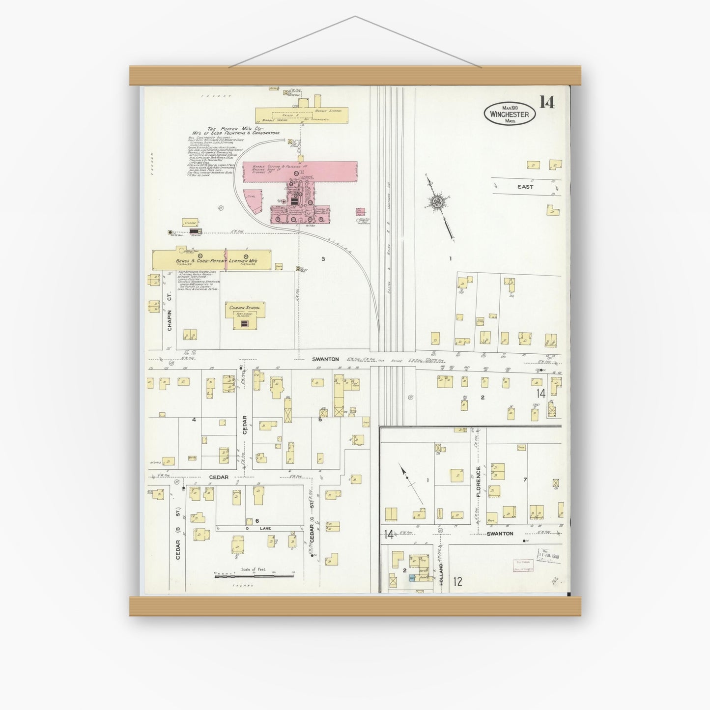 Old map wall art mockup — magnetic wood frame on white wall — Sanborn Fire Insurance Map from Winchester, Middlesex County, Massachusetts (1910), Sheet #0014
