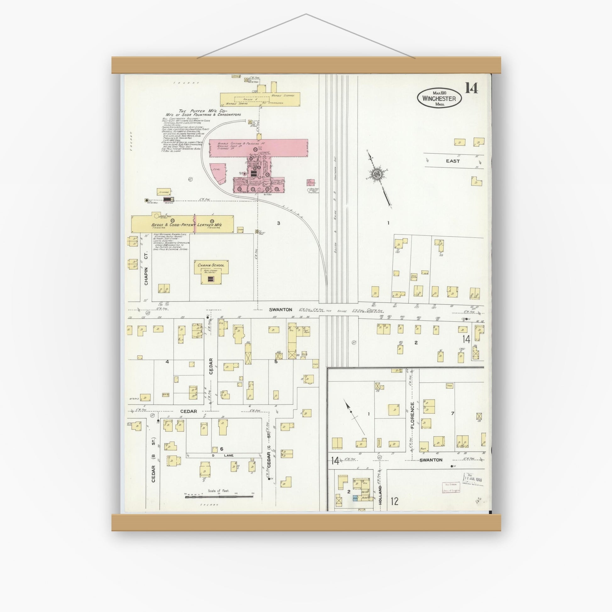 Old map wall art mockup — magnetic wood frame on white wall — Sanborn Fire Insurance Map from Winchester, Middlesex County, Massachusetts (1910), Sheet #0014