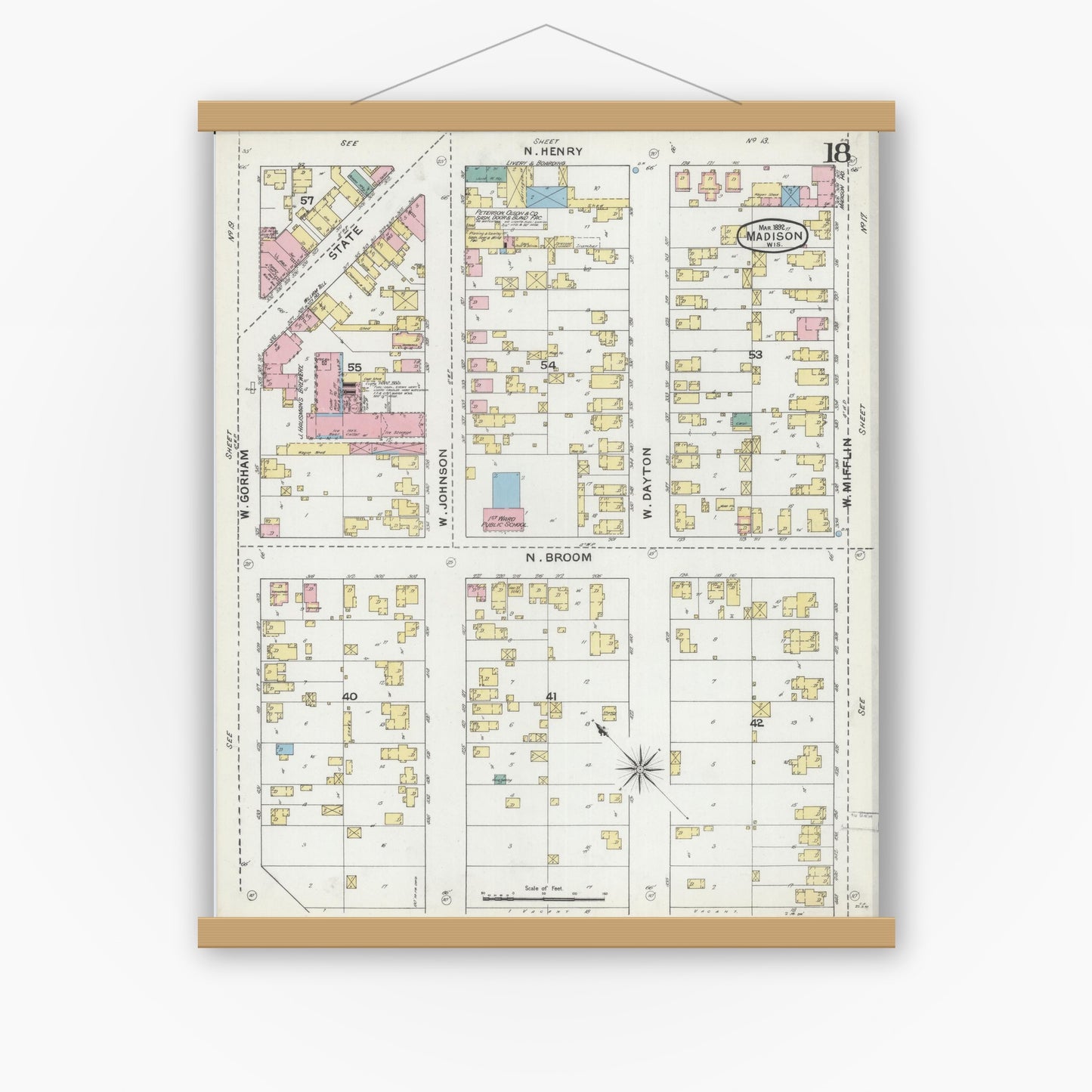 Old map wall art mockup — magnetic wood frame on white wall — Sanborn Fire Insurance Map from Madison, Dane County, Wisconsin (1892), Sheet #0018