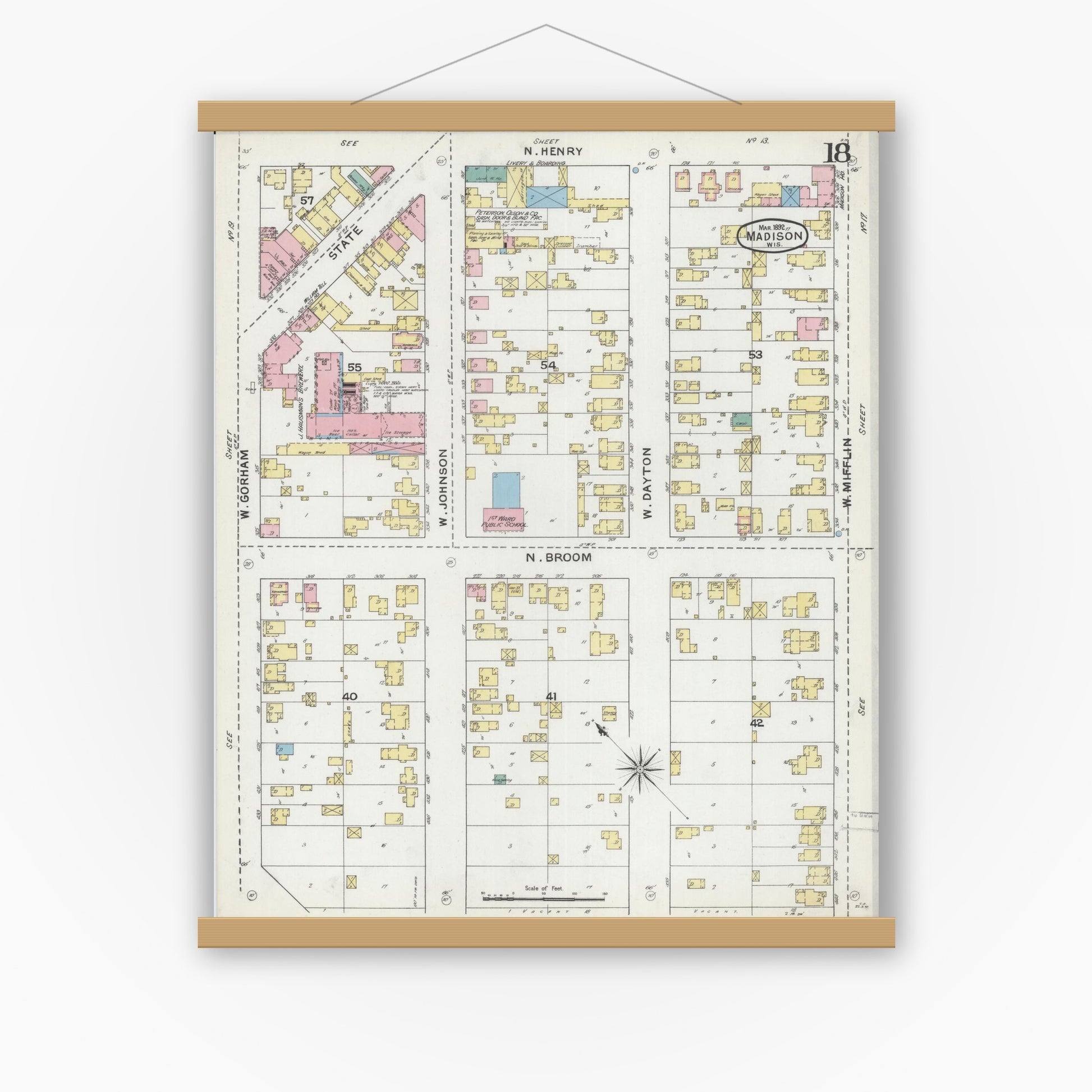 Old map wall art mockup — magnetic wood frame on white wall — Sanborn Fire Insurance Map from Madison, Dane County, Wisconsin (1892), Sheet #0018