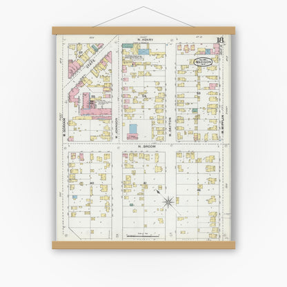 Old map wall art mockup — magnetic wood frame on white wall — Sanborn Fire Insurance Map from Madison, Dane County, Wisconsin (1892), Sheet #0018