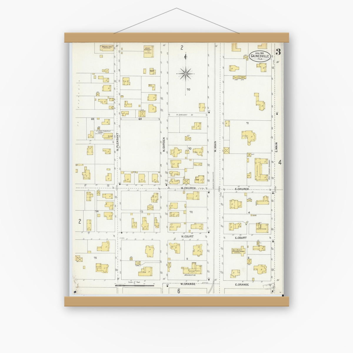 Old map wall art mockup — magnetic wood frame on white wall — Sanborn Fire Insurance Map from Gainesville, Alachua County, Florida (1903), Sheet #0003