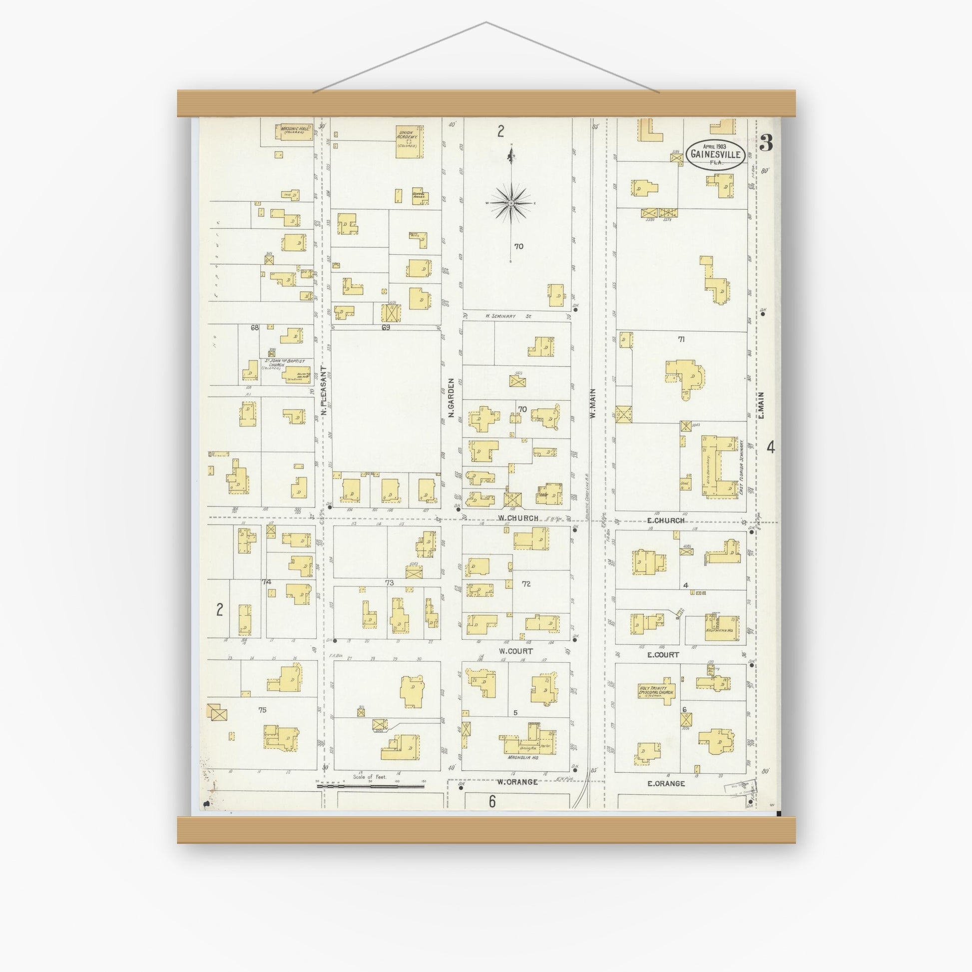 Old map wall art mockup — magnetic wood frame on white wall — Sanborn Fire Insurance Map from Gainesville, Alachua County, Florida (1903), Sheet #0003