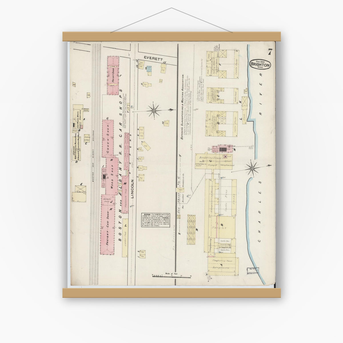 Old map wall art mockup — magnetic wood frame on white wall — Sanborn Fire Insurance Map from Brighton, Suffolk County, Massachusetts (1884), Sheet #0007