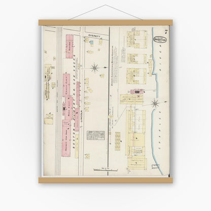 Old map wall art mockup — magnetic wood frame on white wall — Sanborn Fire Insurance Map from Brighton, Suffolk County, Massachusetts (1884), Sheet #0007