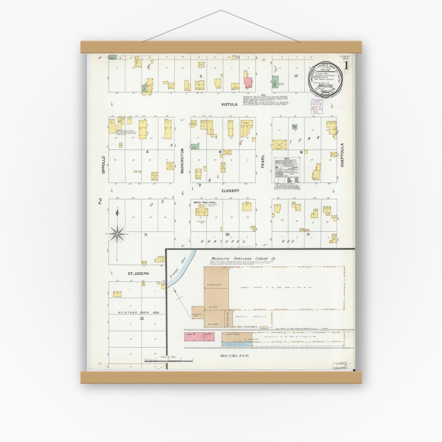 Old map wall art mockup — magnetic wood frame on white wall — Sanborn Fire Insurance Map from Bristol, Elkhart County, Indiana (1901), Sheet #0001