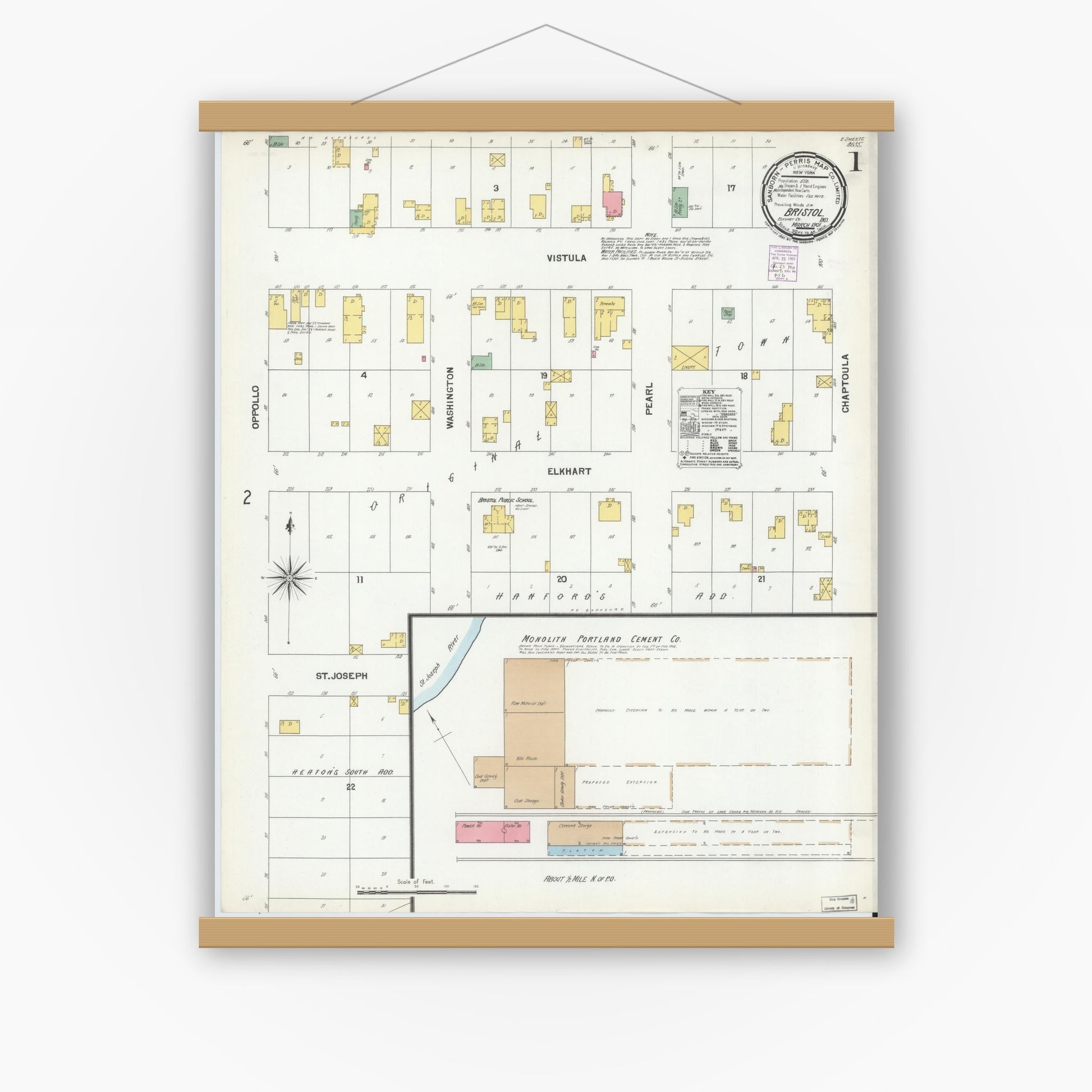 Old map wall art mockup — magnetic wood frame on white wall — Sanborn Fire Insurance Map from Bristol, Elkhart County, Indiana (1901), Sheet #0001