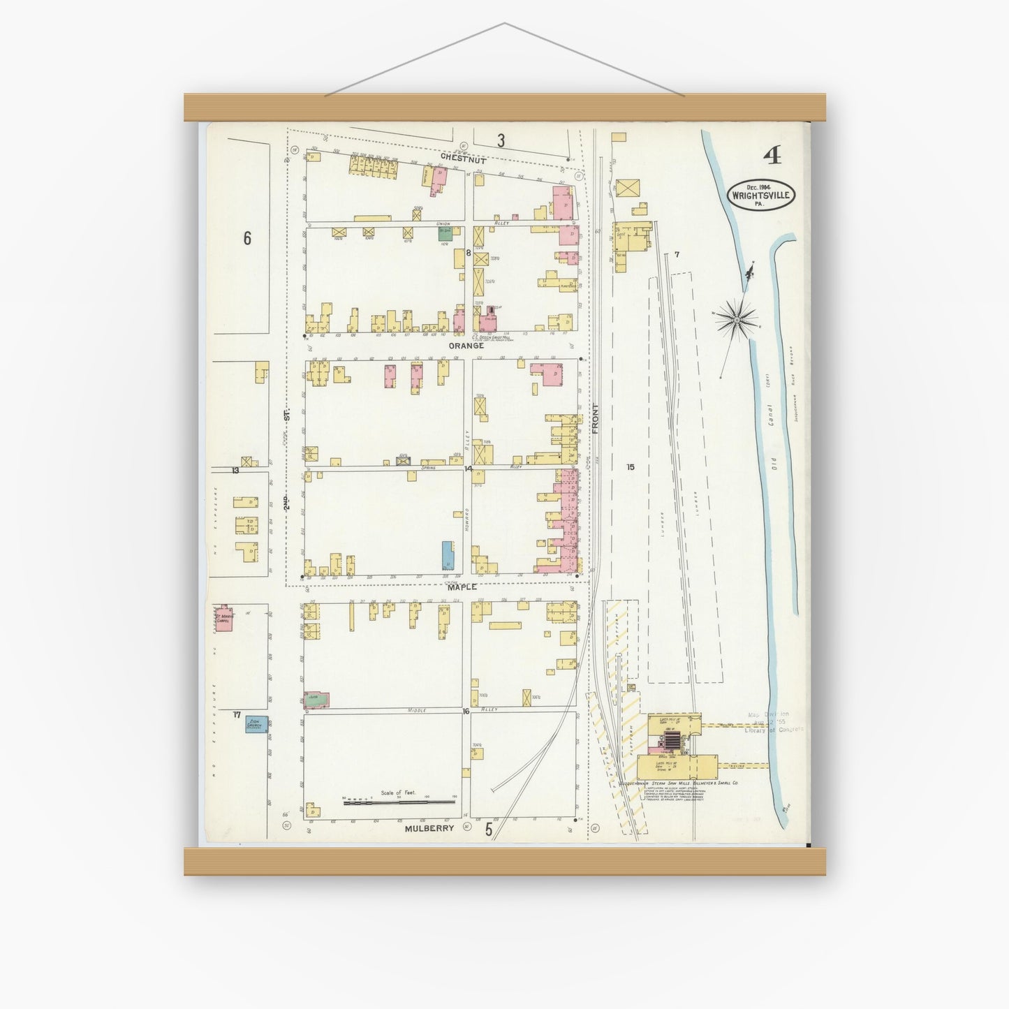 Old map wall art mockup — magnetic wood frame on white wall — Sanborn Fire Insurance Map from Wrightsville, York County, Pennsylvania (1904), Sheet #0004