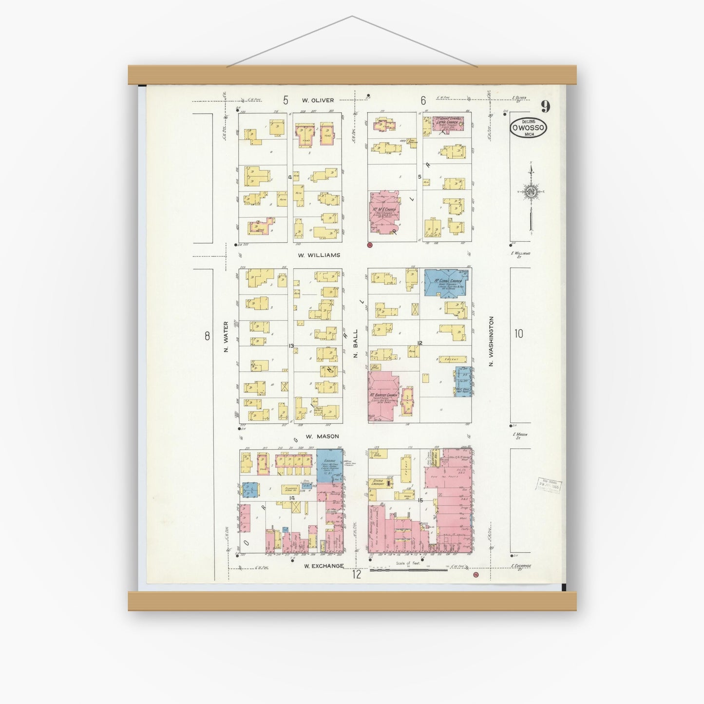 Old map wall art mockup — magnetic wood frame on white wall — Sanborn Fire Insurance Map from Owosso, Shiawassee County, Michigan (1915), Sheet #0009