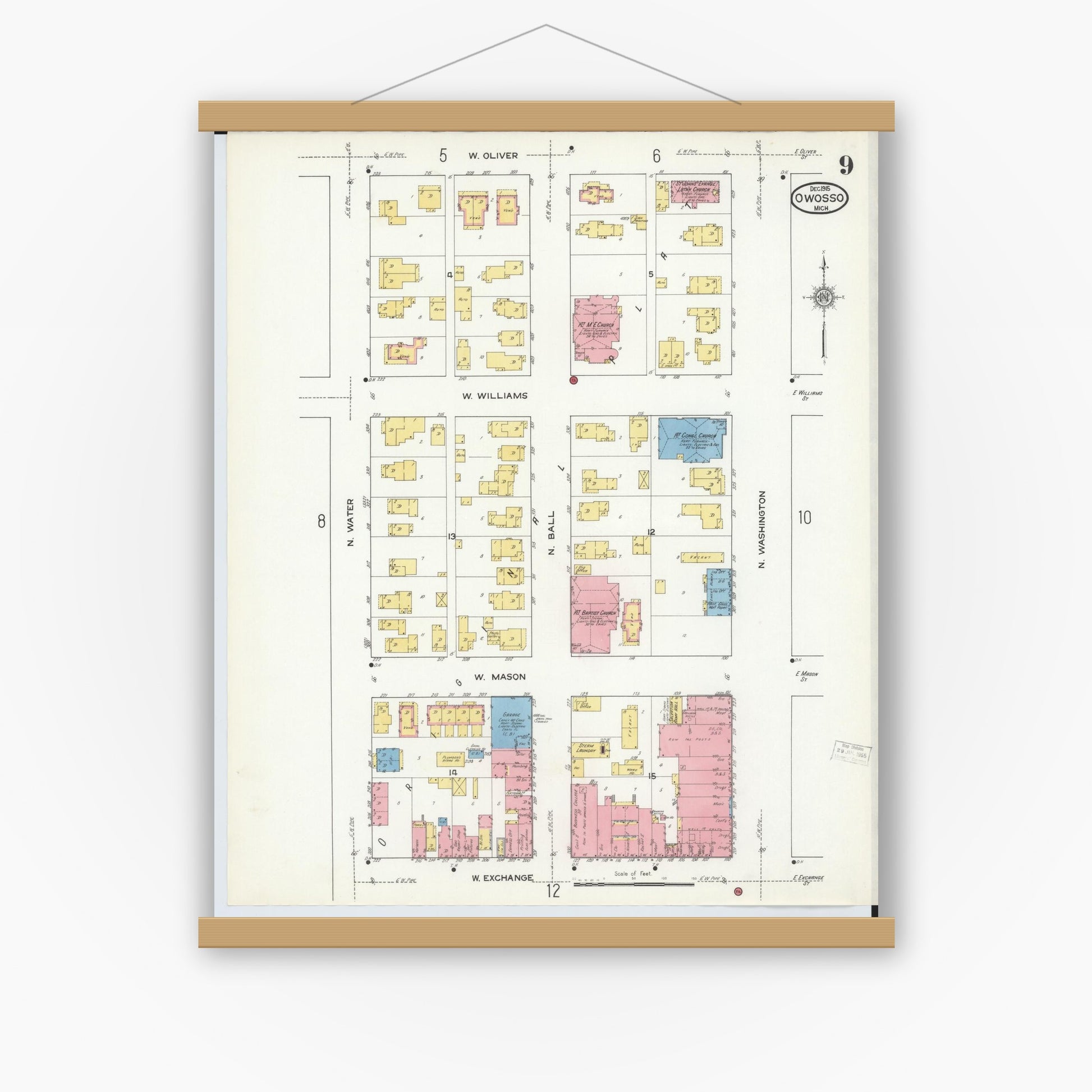 Old map wall art mockup — magnetic wood frame on white wall — Sanborn Fire Insurance Map from Owosso, Shiawassee County, Michigan (1915), Sheet #0009