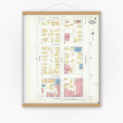 Old map wall art mockup — magnetic wood frame on white wall — Sanborn Fire Insurance Map from Owosso, Shiawassee County, Michigan (1915), Sheet #0009