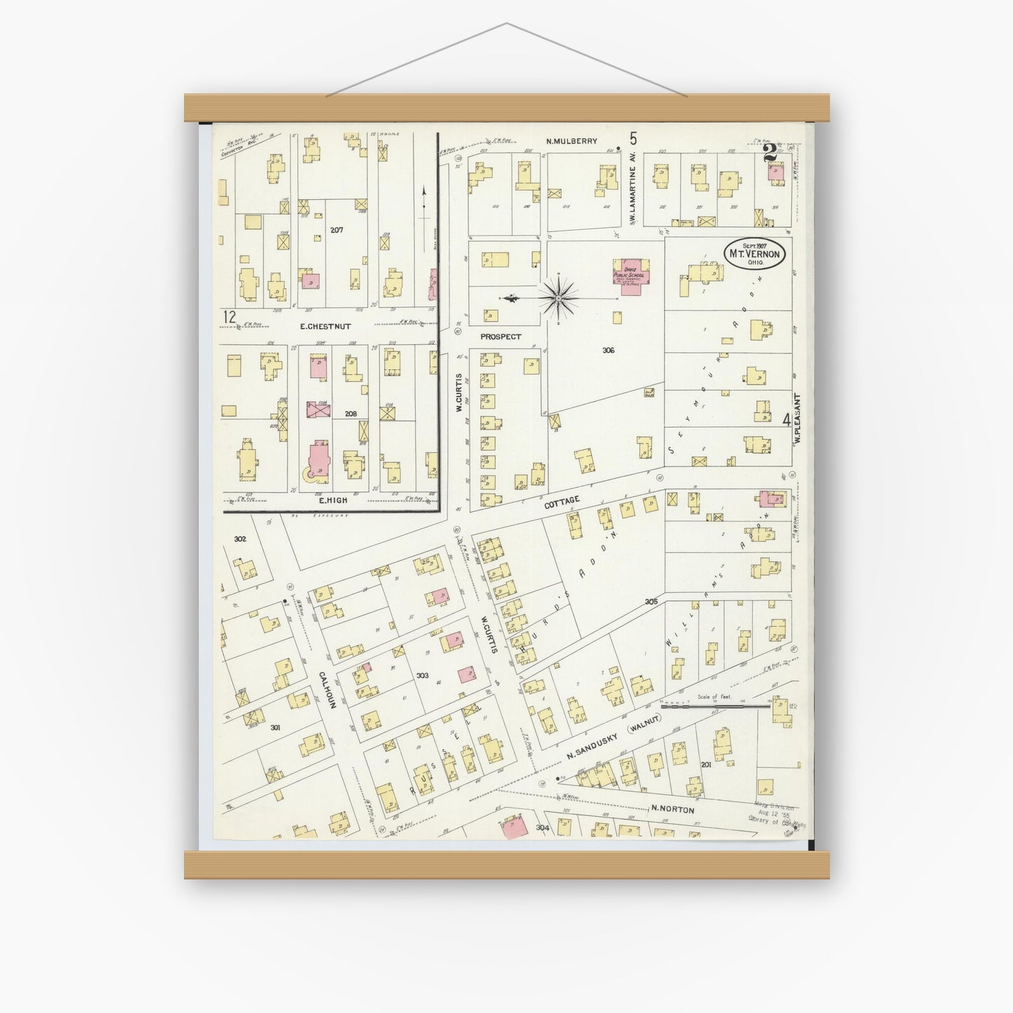 Old map wall art mockup — magnetic wood frame on white wall — Sanborn Fire Insurance Map from Mount Vernon, Knox County, Ohio (1907), Sheet #0002