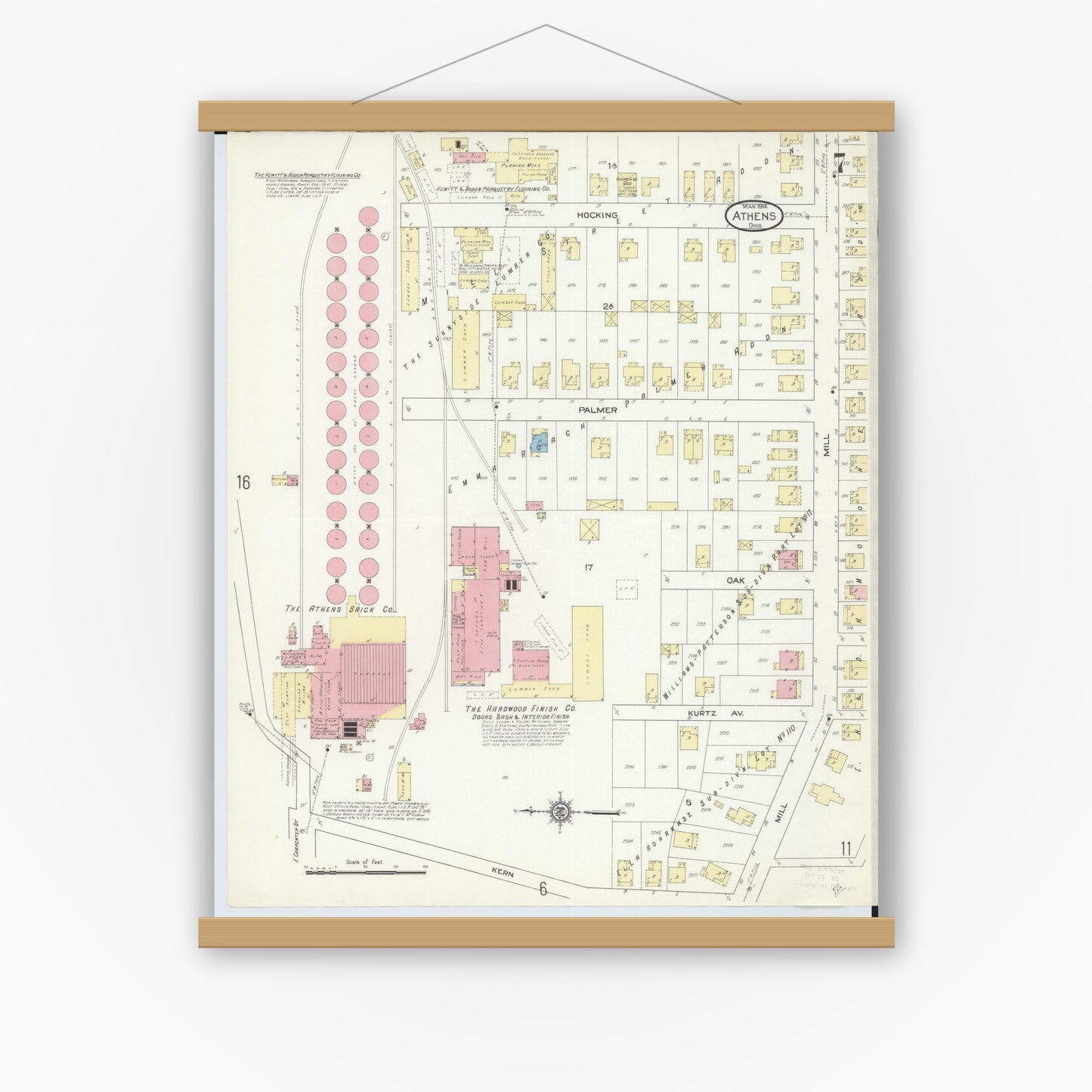 Old map wall art mockup — magnetic wood frame on white wall — Sanborn Fire Insurance Map from Athens, Athens County, Ohio (1914), Sheet #0007