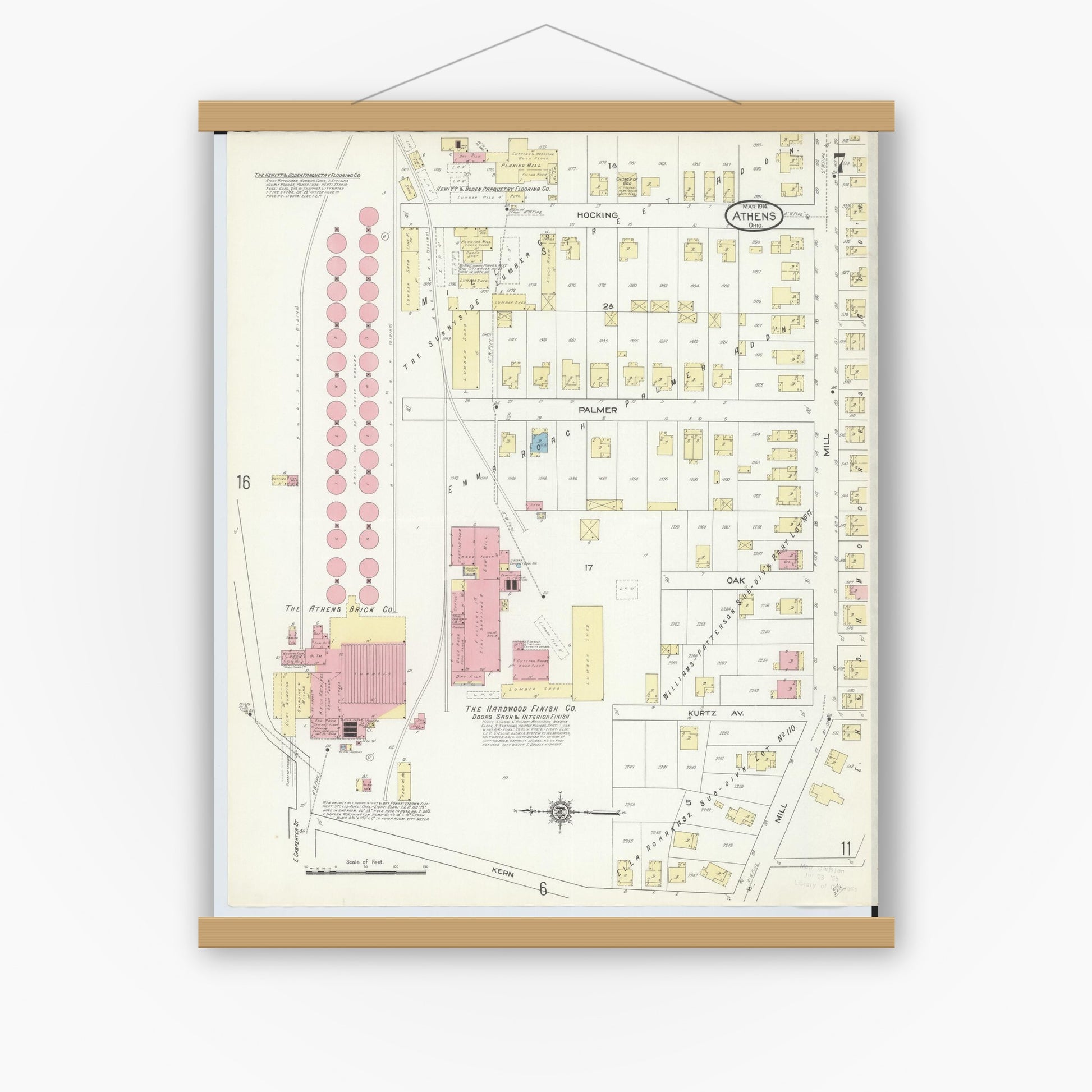 Old map wall art mockup — magnetic wood frame on white wall — Sanborn Fire Insurance Map from Athens, Athens County, Ohio (1914), Sheet #0007