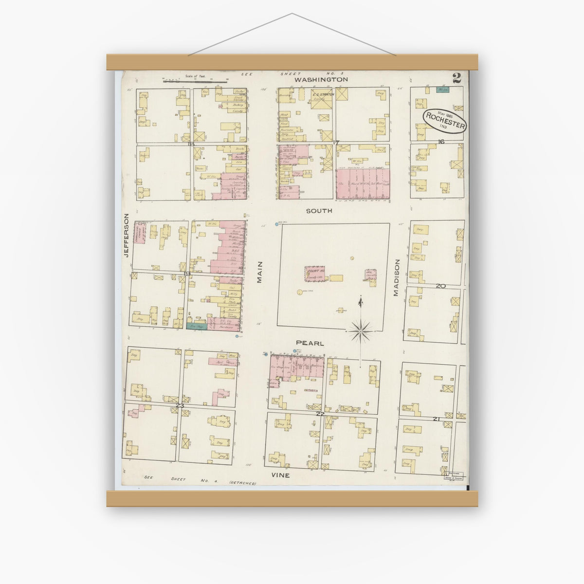 Old map wall art mockup — magnetic wood frame on white wall — Sanborn Fire Insurance Map from Rochester, Fulton County, Indiana (1885), Sheet #0002