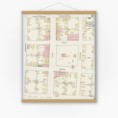 Old map wall art mockup — magnetic wood frame on white wall — Sanborn Fire Insurance Map from Rochester, Fulton County, Indiana (1885), Sheet #0002