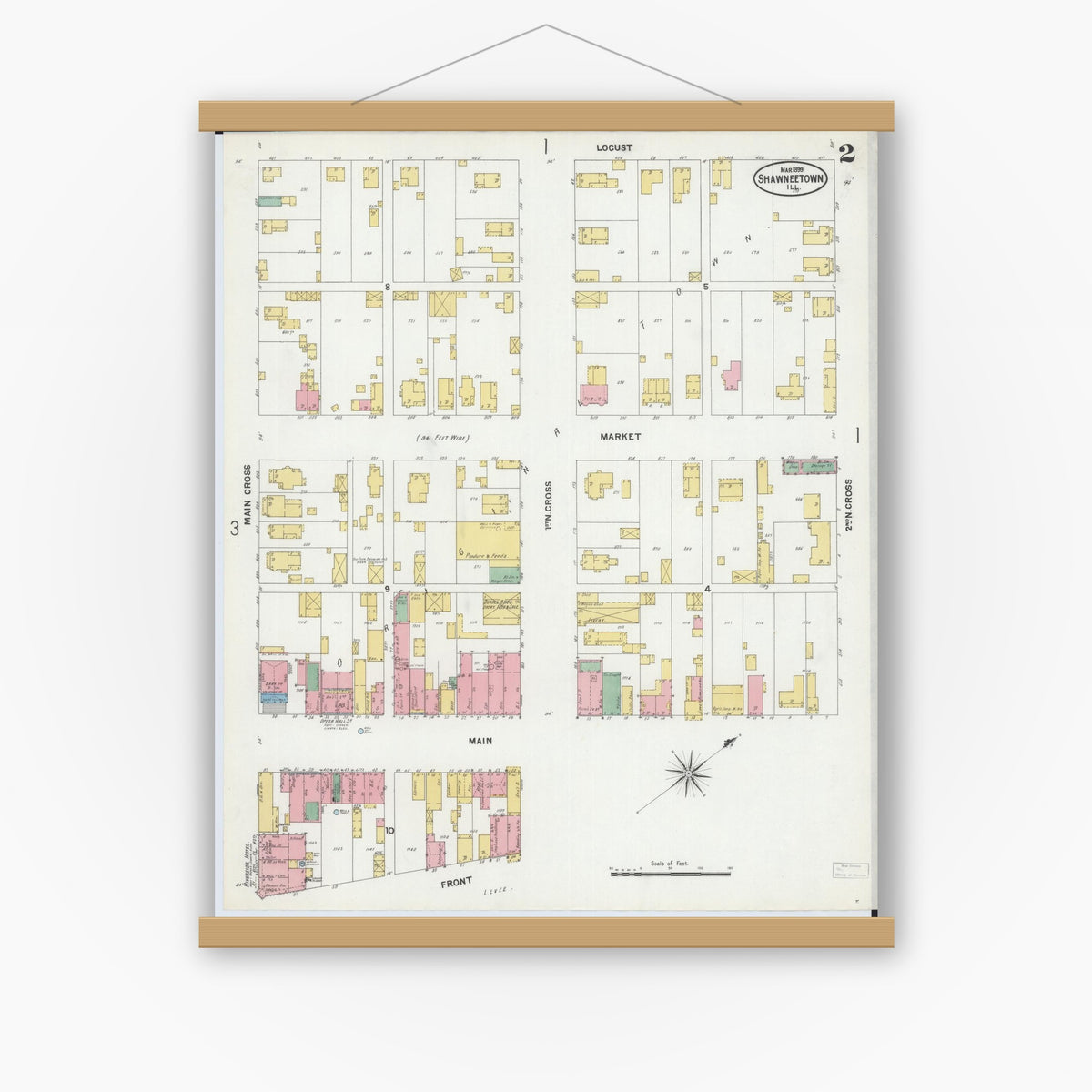 Old map wall art mockup — magnetic wood frame on white wall — Sanborn Fire Insurance Map from Shawneetown, Gallatin County, Illinois (1899), Sheet #0002