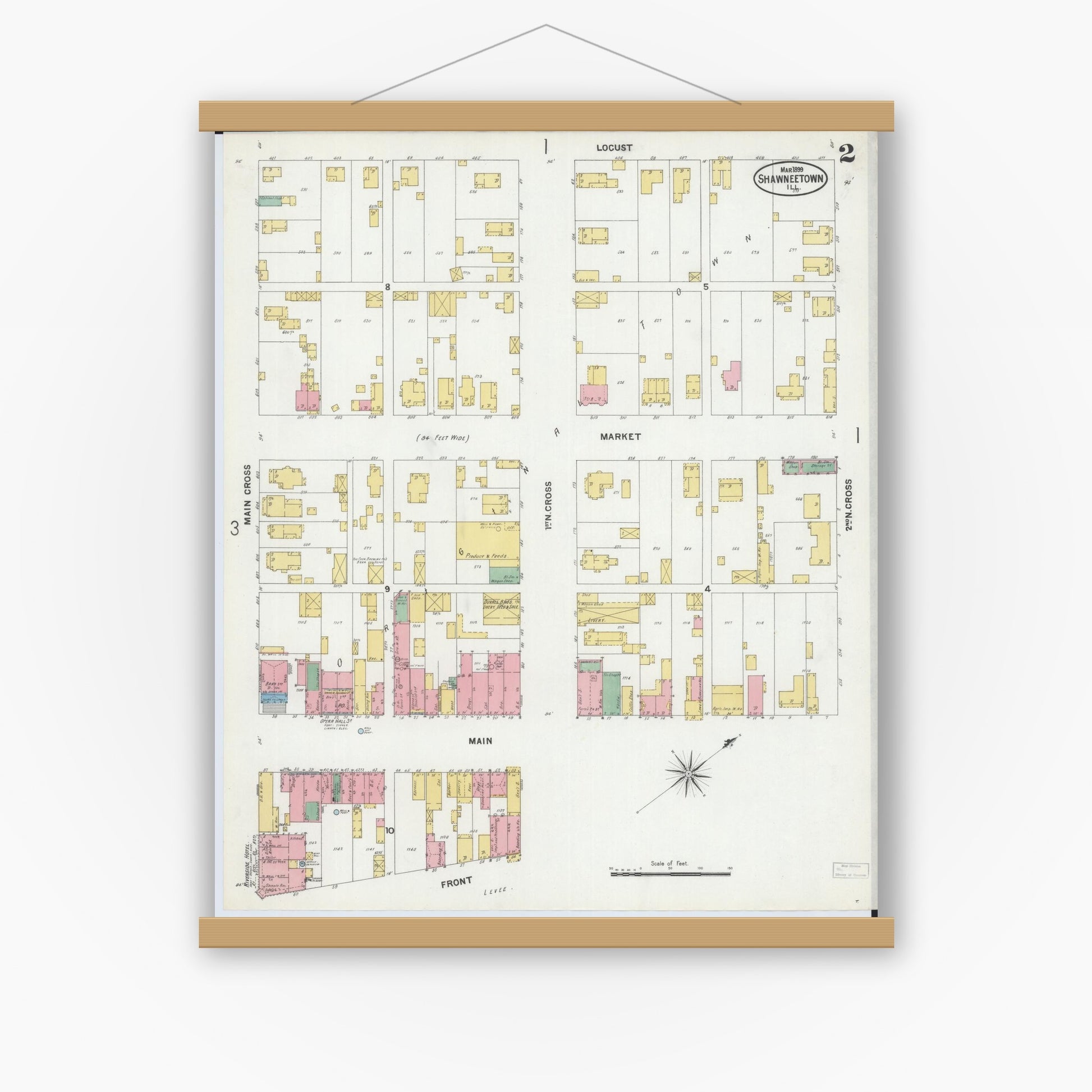 Old map wall art mockup — magnetic wood frame on white wall — Sanborn Fire Insurance Map from Shawneetown, Gallatin County, Illinois (1899), Sheet #0002