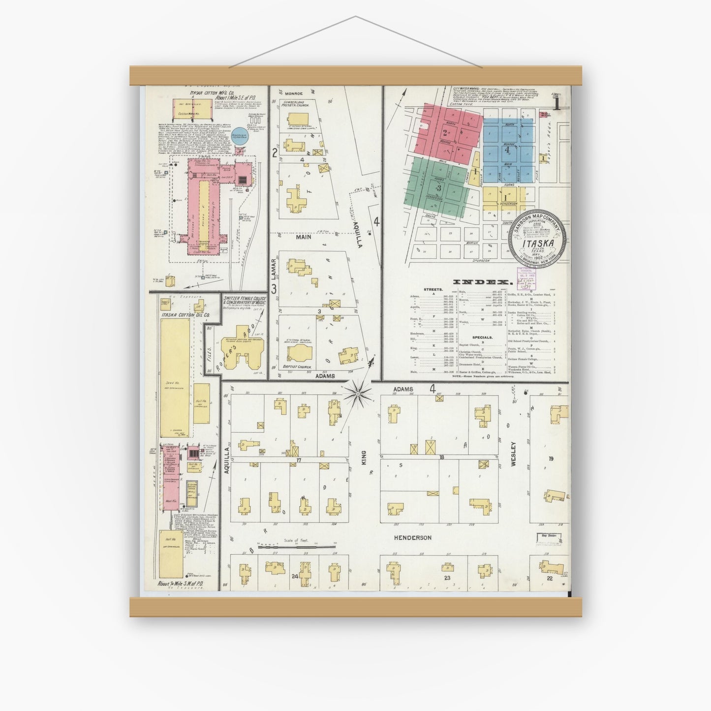 Old map wall art mockup — magnetic wood frame on white wall — Sanborn Fire Insurance Map from Itasca, Hill County, Texas (1902), Sheet #0001