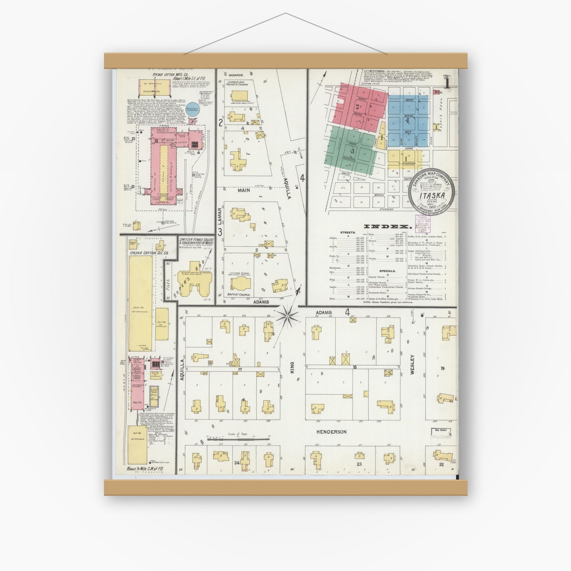 Old map wall art mockup — magnetic wood frame on white wall — Sanborn Fire Insurance Map from Itasca, Hill County, Texas (1902), Sheet #0001