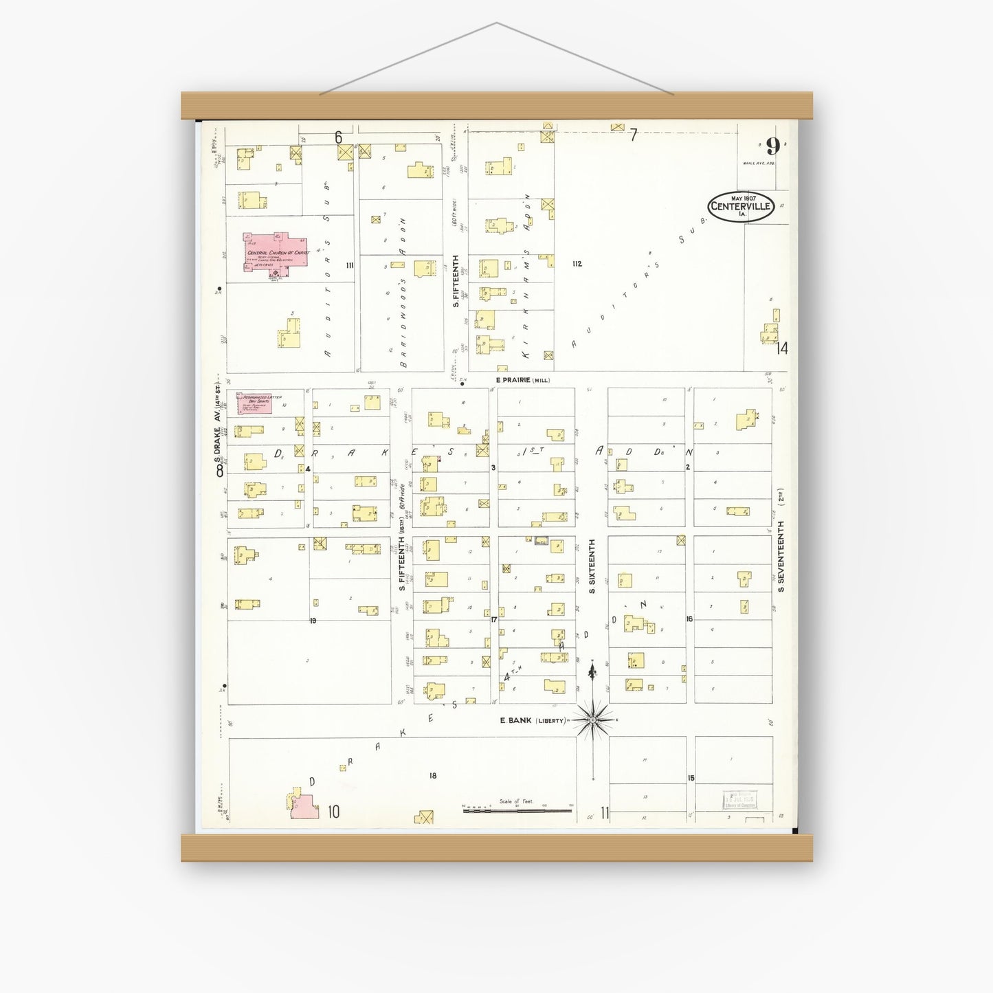 Old map wall art mockup — magnetic wood frame on white wall — Sanborn Fire Insurance Map from Centerville, Appanoose County, Iowa (1907), Sheet #0009