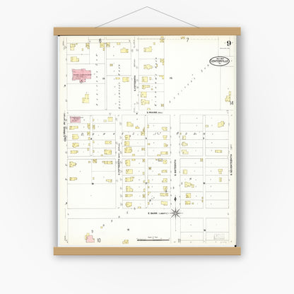 Old map wall art mockup — magnetic wood frame on white wall — Sanborn Fire Insurance Map from Centerville, Appanoose County, Iowa (1907), Sheet #0009