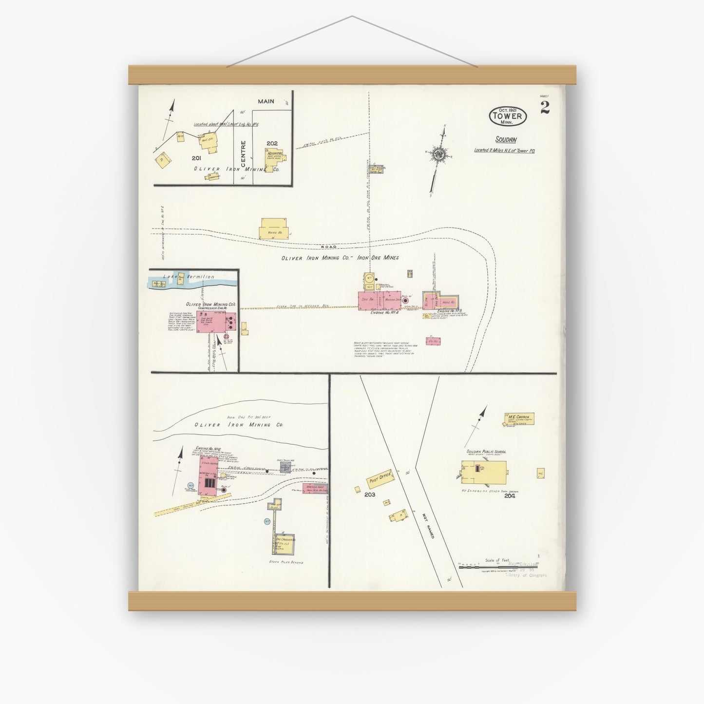 Old map wall art mockup — magnetic wood frame on white wall — Sanborn Fire Insurance Map from Tower, Saint Louis County, Minnesota (1921), Sheet #0002