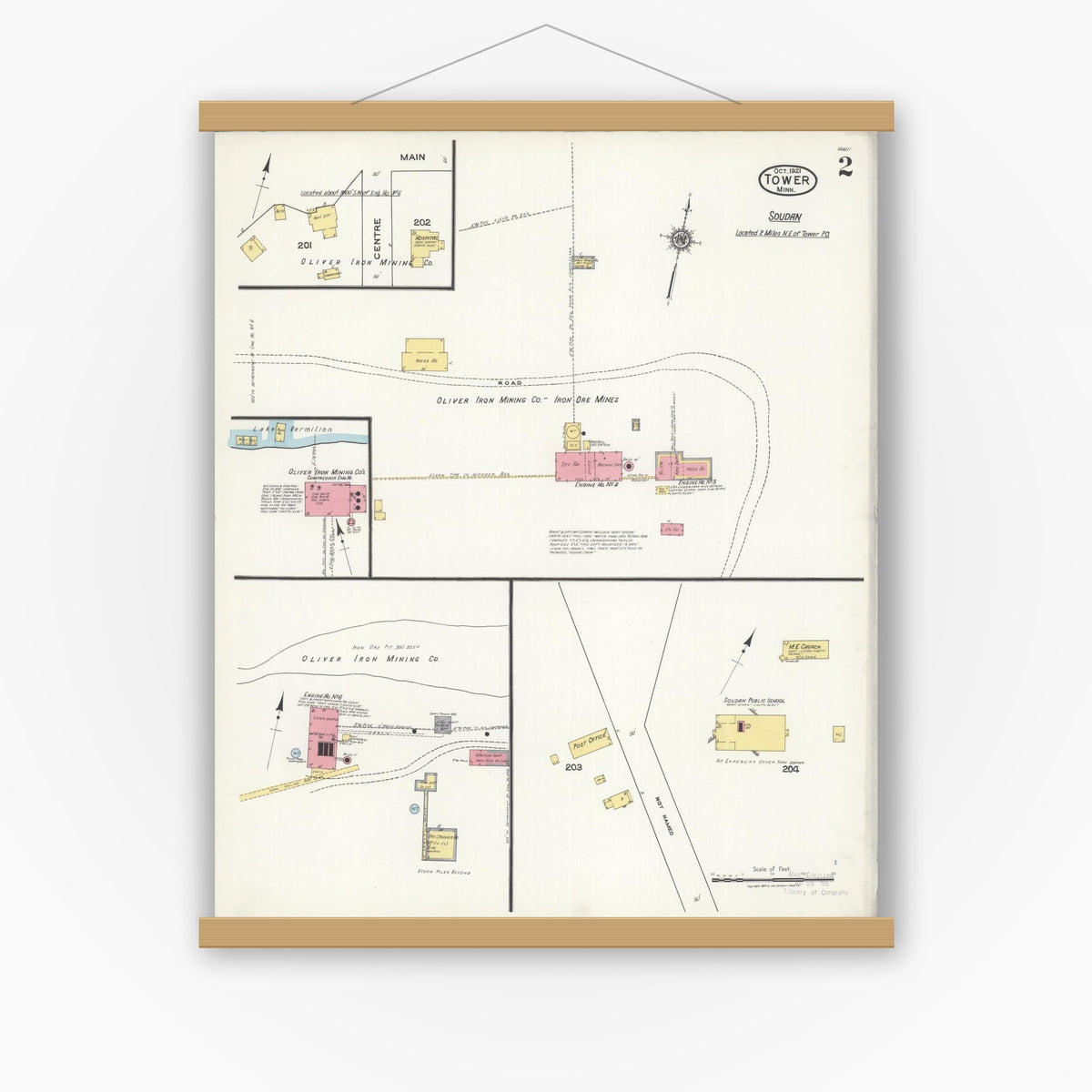 Old map wall art mockup — magnetic wood frame on white wall — Sanborn Fire Insurance Map from Tower, Saint Louis County, Minnesota (1921), Sheet #0002