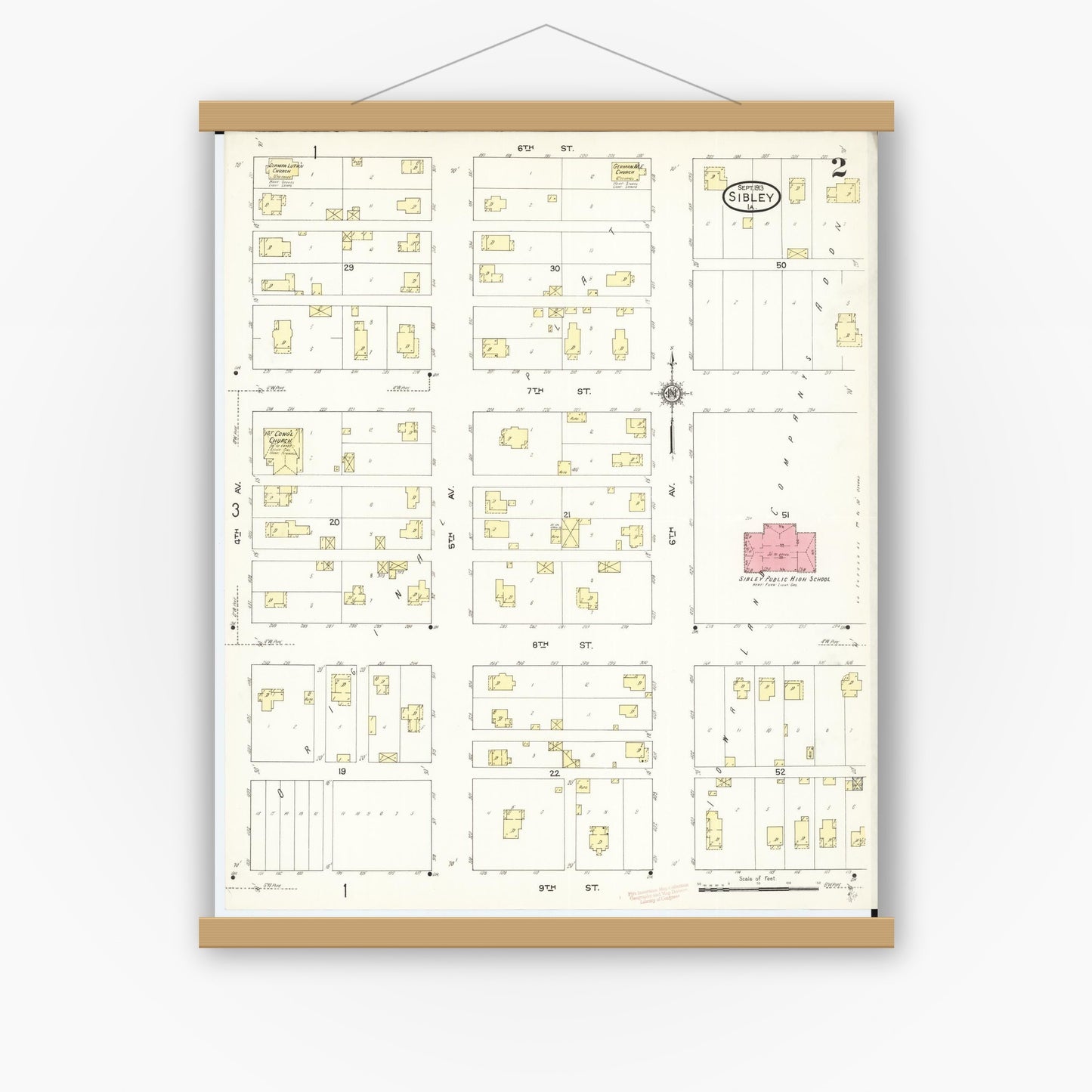 Old map wall art mockup — magnetic wood frame on white wall — Sanborn Fire Insurance Map from Sibley, Osceola County, Iowa (1913), Sheet #0002