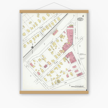 Old map wall art mockup — magnetic wood frame on white wall — Sanborn Fire Insurance Map from Geneva, Ashtabula County, Ohio (1919), Sheet #0004