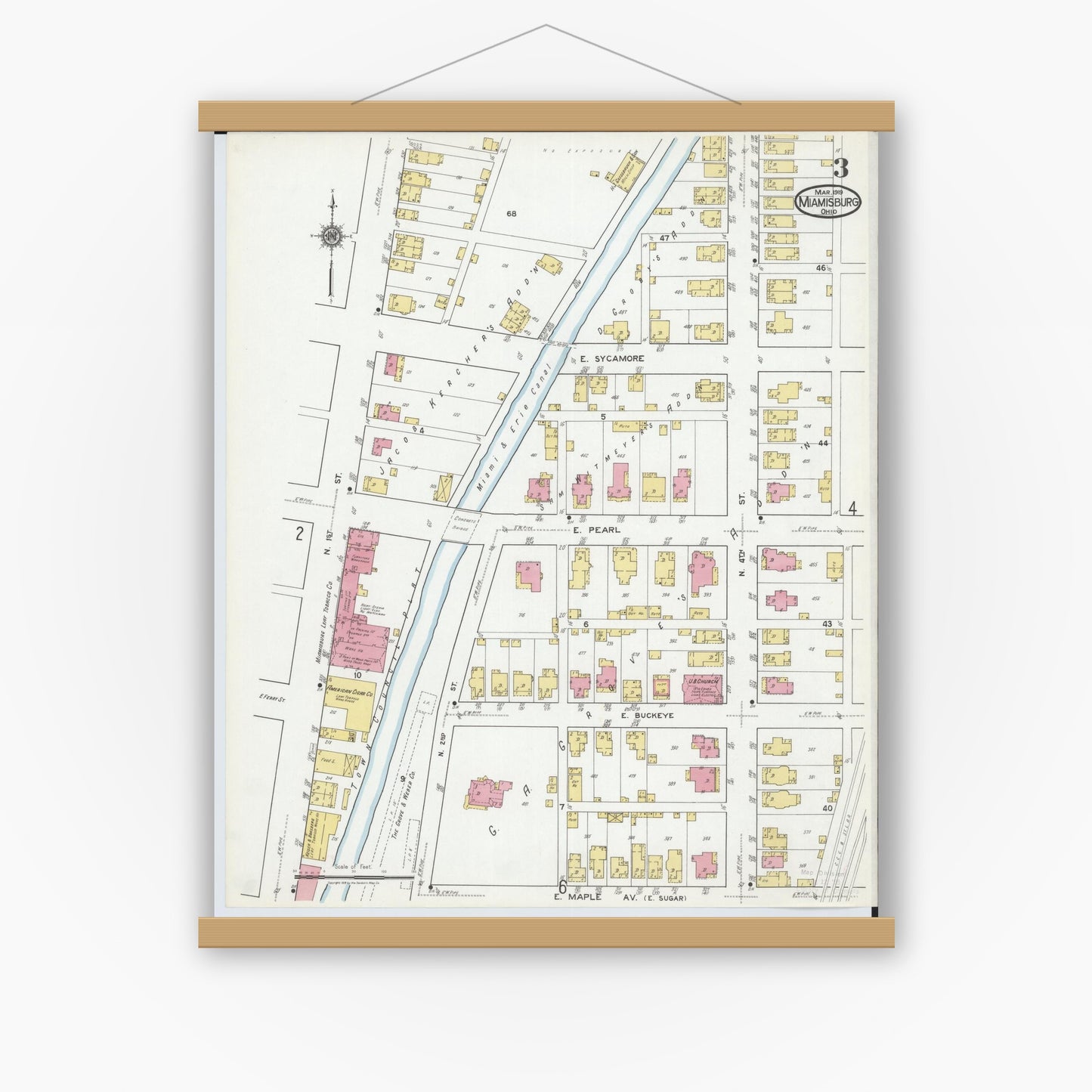 Old map wall art mockup — magnetic wood frame on white wall — Sanborn Fire Insurance Map from Miamisburg, Montgomery County, Ohio (1919), Sheet #0003