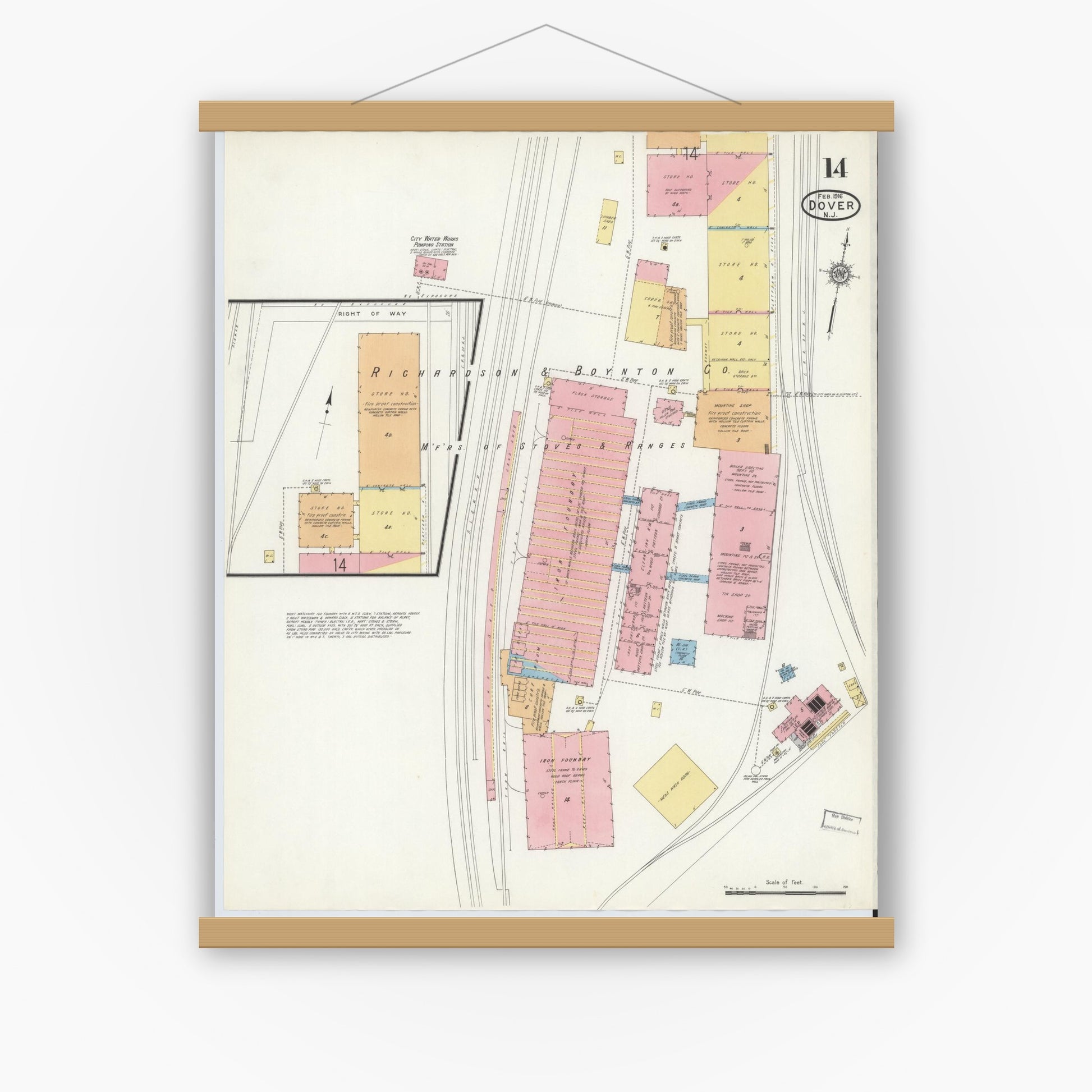Old map wall art mockup — magnetic wood frame on white wall — Sanborn Fire Insurance Map from Dover, Morris County, New Jersey (1916), Sheet #0014