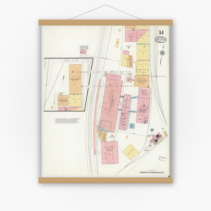 Old map wall art mockup — magnetic wood frame on white wall — Sanborn Fire Insurance Map from Dover, Morris County, New Jersey (1916), Sheet #0014