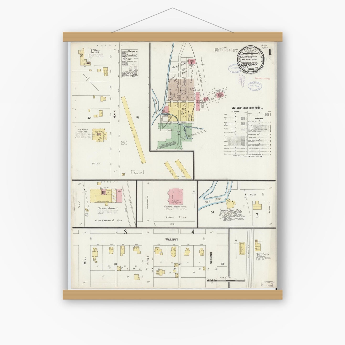 Old map wall art mockup — magnetic wood frame on white wall — Sanborn Fire Insurance Map from Carthage, Rush County, Indiana (1898) - Complete Map Set