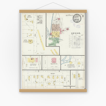 Old map wall art mockup — magnetic wood frame on white wall — Sanborn Fire Insurance Map from Carthage, Rush County, Indiana (1898) - Complete Map Set